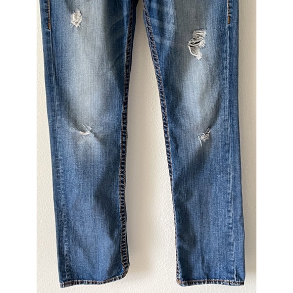 True Religion Big T Straight Flap Red Orange Stitch Distressed Denim Blue Jeans - Picture 4 of 16